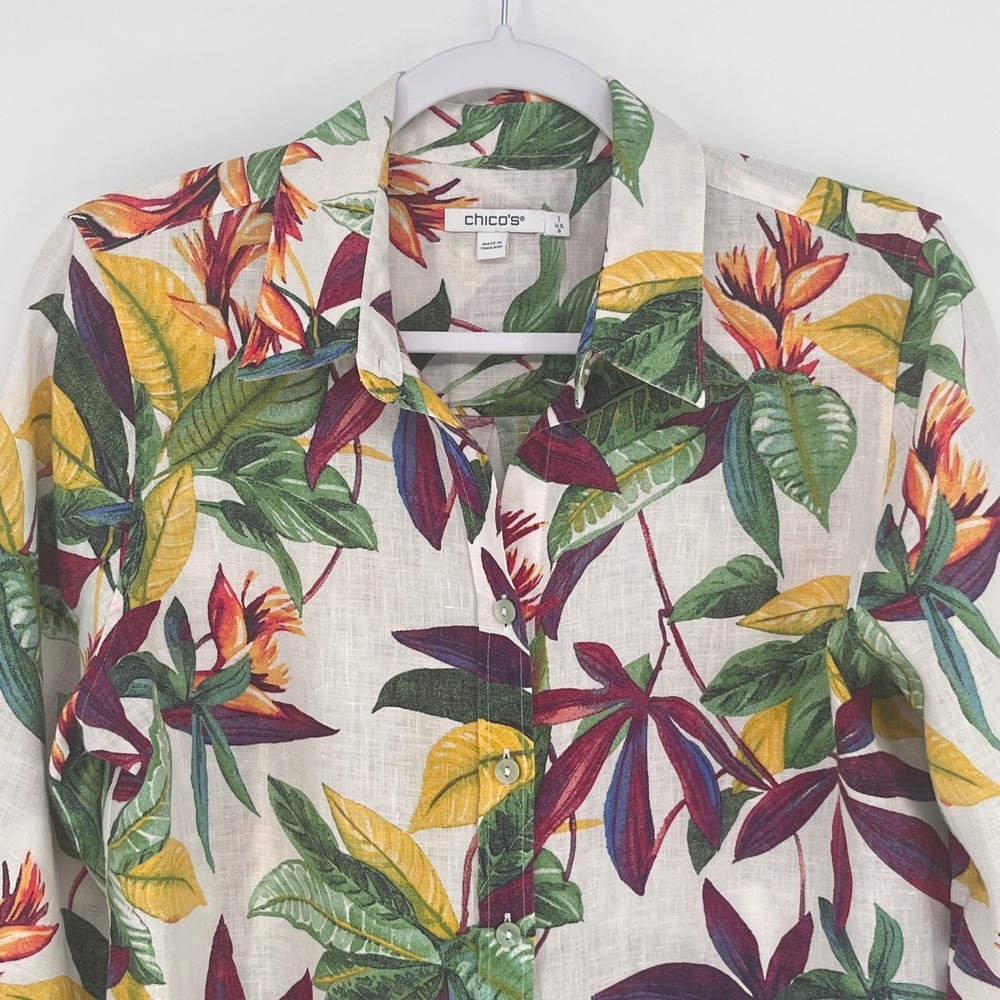Chicos 100% Linen Tropical Floral Button Up Shirt Womens 1 M Resort Coastal - Picture 4 of 11